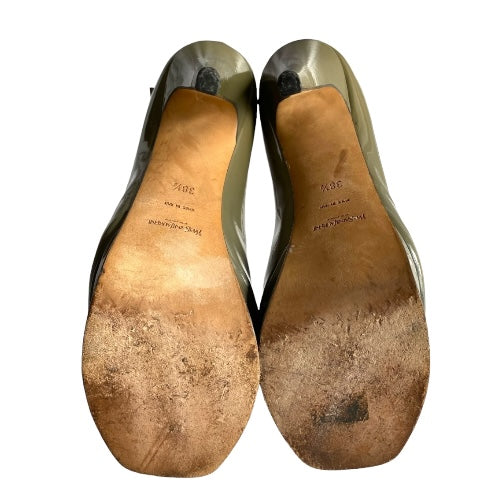 YVES SAINT LAURENT Olive Green Patent Leather Tribute Mary Jane Pumps, Size 38.5