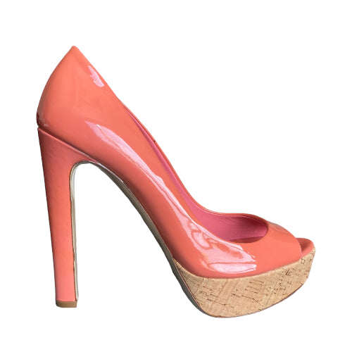 MIU MIU Coral Patent Leather Cork Platform Peep Toe Pumps, Size 37.5