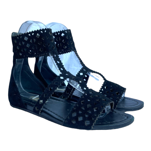 PRADA Black Suede Lasercut Gladiator Flat Sandals, Size 39