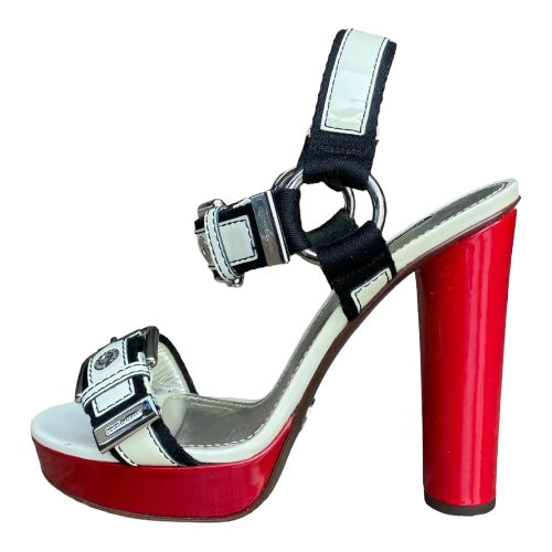 DOLCE & GABBANA Off White & Black & Red Patent Leather Strappy Sandals, Size 39