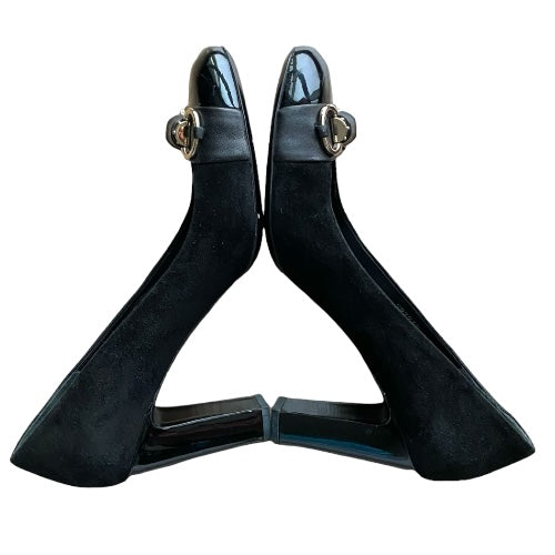 GUCCI Black Suede Horsebit Patent Leather Cap Toe & Heeled Pumps, Size 40.5