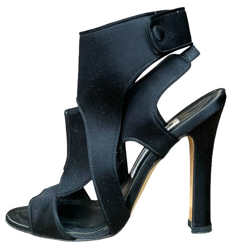 MANOLO BLAHNIK Black Satin Cutout Accents Slingback Heeled Sandals , Size 37