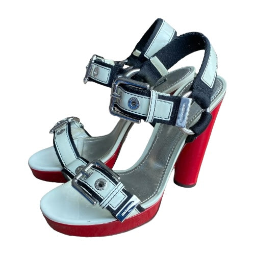 DOLCE & GABBANA Off White & Black & Red Patent Leather Strappy Sandals, Size 39