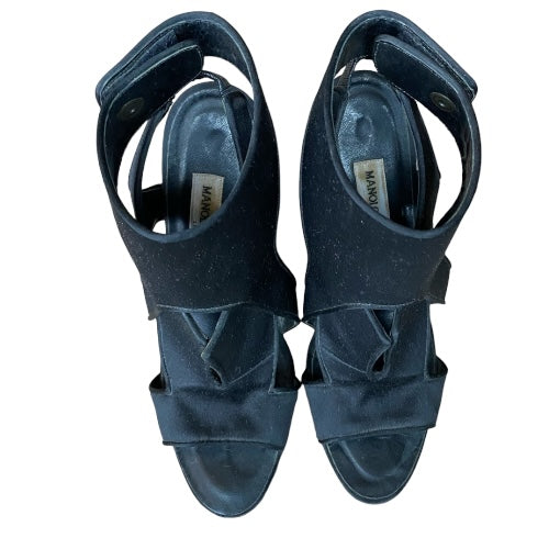 MANOLO BLAHNIK Black Satin Cutout Accents Slingback Heeled Sandals , Size 37