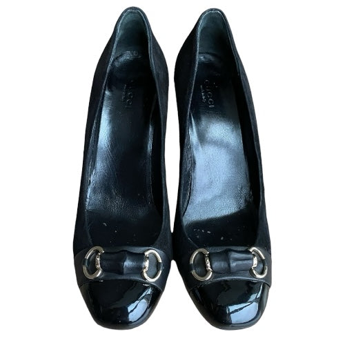 GUCCI Black Suede Horsebit Patent Leather Cap Toe & Heeled Pumps, Size 40.5