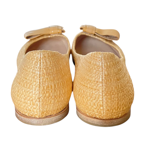 FENDI Beige Raffia Woven Patent Leather Bow Detail Ballet Flats, Size 36.5