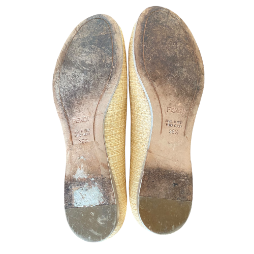 FENDI Beige Raffia Woven Patent Leather Bow Detail Ballet Flats, Size 36.5