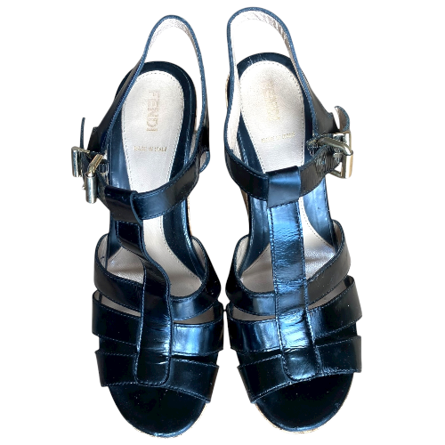 FENDI Black Patent Leather Strappy T-Strap Cork Wedge Sandals, Size 38