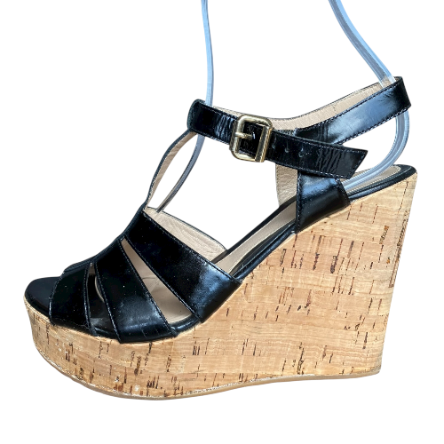 FENDI Black Patent Leather Strappy T-Strap Cork Wedge Sandals, Size 38