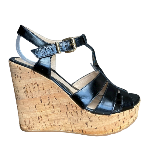 FENDI Black Patent Leather Strappy T-Strap Cork Wedge Sandals, Size 38
