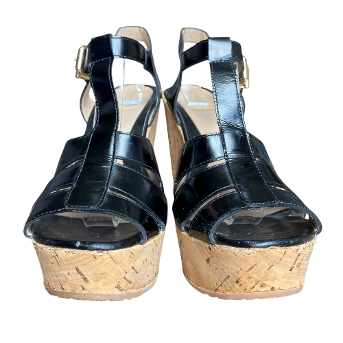 FENDI Black Patent Leather Strappy T-Strap Cork Wedge Sandals, Size 38