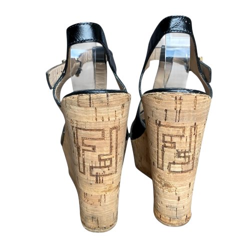 FENDI Black Patent Leather Strappy T-Strap Cork Wedge Sandals, Size 38