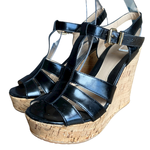 FENDI Black Patent Leather Strappy T-Strap Cork Wedge Sandals, Size 38