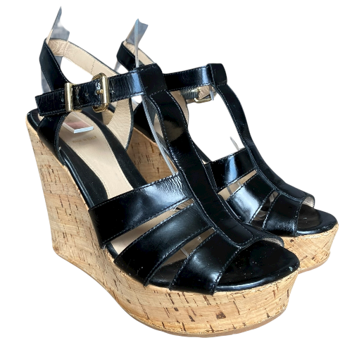FENDI Black Patent Leather Strappy T-Strap Cork Wedge Sandals, Size 38