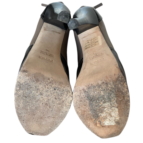 FENDI Fendista Taupe & Black Leather Platform Ankle Boots, Size 36