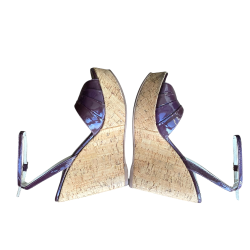 FENDI Purple Patent Leather Ankle Strap Cork Wedge Sandals, Size 38