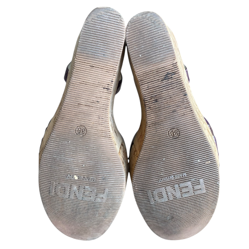 FENDI Purple Patent Leather Ankle Strap Cork Wedge Sandals, Size 38