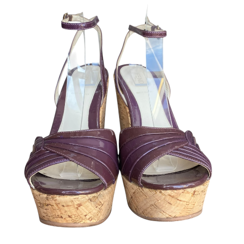 FENDI Purple Patent Leather Ankle Strap Cork Wedge Sandals, Size 38