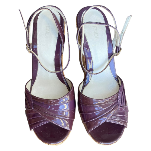 FENDI Purple Patent Leather Ankle Strap Cork Wedge Sandals, Size 38