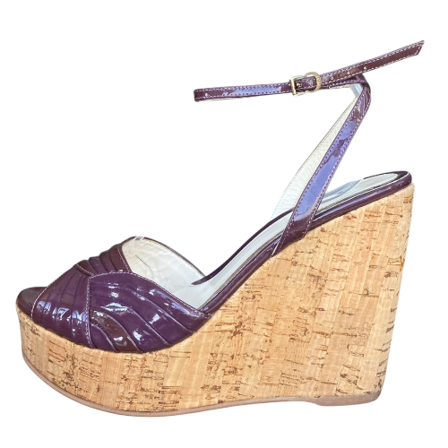 FENDI Purple Patent Leather Ankle Strap Cork Wedge Sandals, Size 38