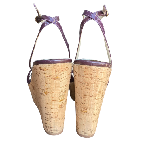 FENDI Purple Patent Leather Ankle Strap Cork Wedge Sandals, Size 38