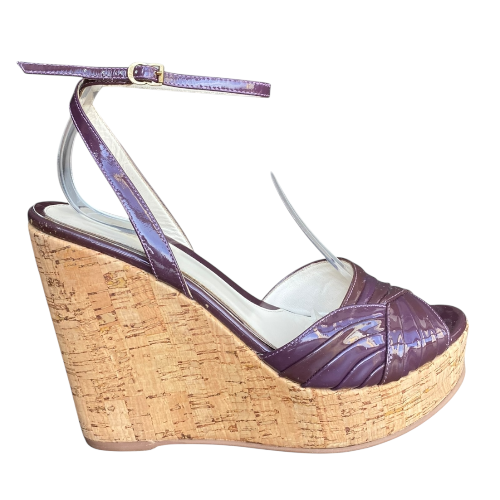 FENDI Purple Patent Leather Ankle Strap Cork Wedge Sandals, Size 38