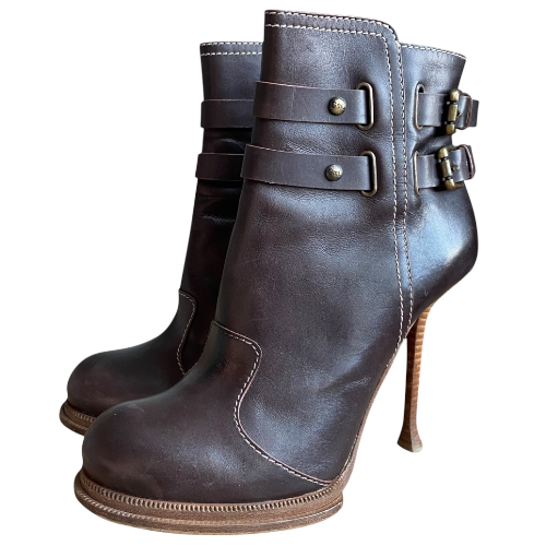 GIANMARCO LORENZI Brown Leather Buckle Detail Ankle Boots, Size 39
