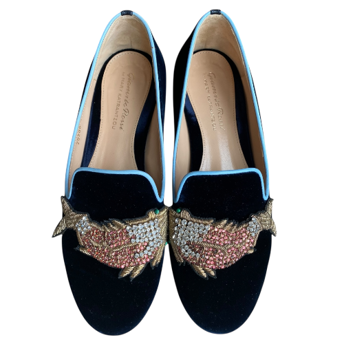 GIANVITO ROSSI x Mary Katrantzou Navy Velvet Scott Fish Embroidered Loafers, 37