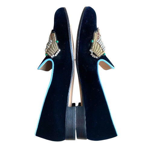 GIANVITO ROSSI x Mary Katrantzou Navy Velvet Scott Fish Embroidered Loafers, 37