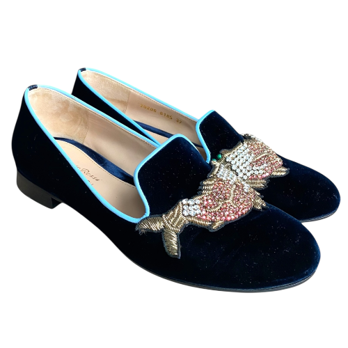 GIANVITO ROSSI x Mary Katrantzou Navy Velvet Scott Fish Embroidered Loafers, 37
