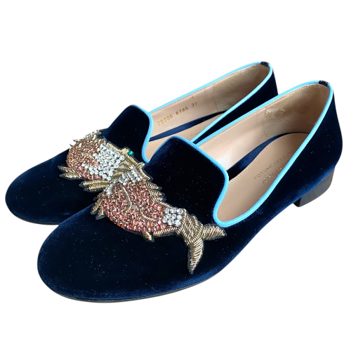 GIANVITO ROSSI x Mary Katrantzou Navy Velvet Scott Fish Embroidered Loafers, 37