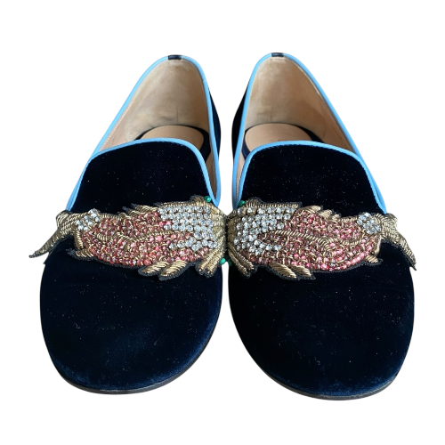 GIANVITO ROSSI x Mary Katrantzou Navy Velvet Scott Fish Embroidered Loafers, 37