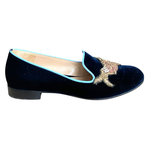 GIANVITO ROSSI x Mary Katrantzou Navy Velvet Scott Fish Embroidered Loafers, 37