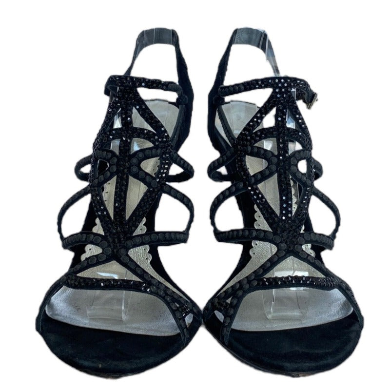 GIORGIO ARMANI Black Suede Crystal Embellished Ankle Strap Sandals, Size 40