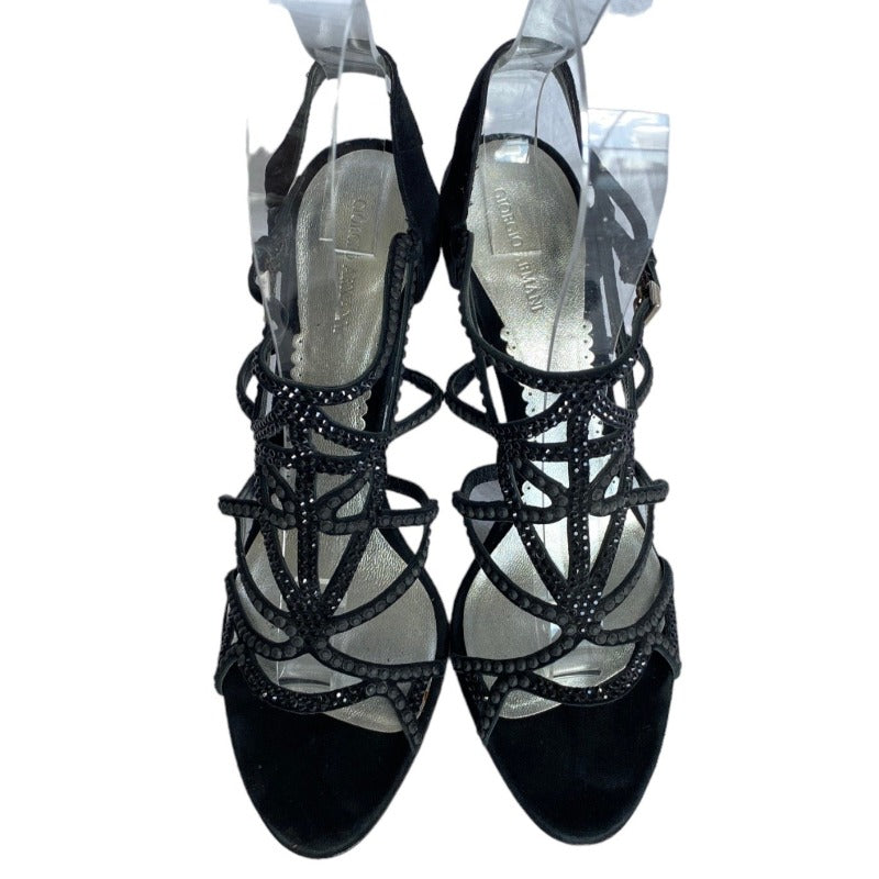 GIORGIO ARMANI Black Suede Crystal Embellished Ankle Strap Sandals, Size 40