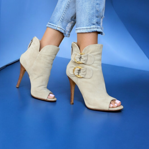 GIUSEPPE ZANOTTI Beige Suede Gold Buckle Detail Peep Toe Ankle Boots, Size 36
