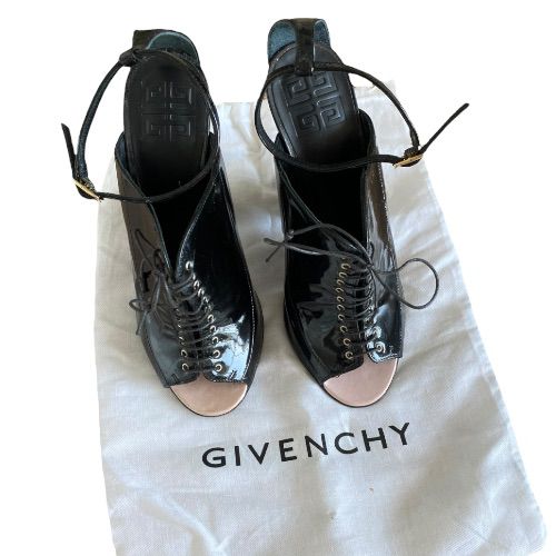 GIVENCHY Black Patent Leather Lace Up Peep Toe Ankle Strap Pumps, Size 38