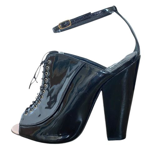 GIVENCHY Black Patent Leather Lace Up Peep Toe Ankle Strap Pumps, Size 38