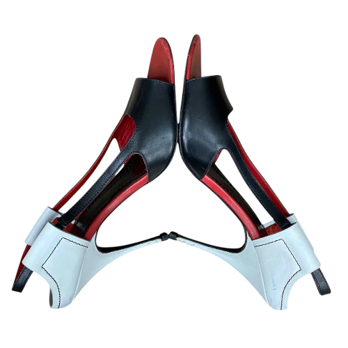 GIVENCHY Black, White, Red Colorblock Leather Open Toe Heeled Sandals, Size 36