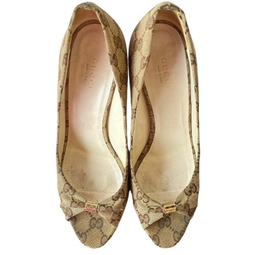 GUCCI Beige/Ebony GG Canvas Cyprus Cork Wedges, Size 37.5