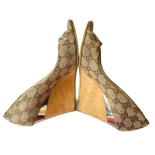 GUCCI Beige/Ebony GG Canvas Cyprus Cork Wedges, Size 37.5