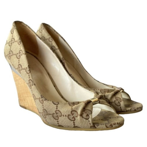 GUCCI Beige/Ebony GG Canvas Cyprus Cork Wedges, Size 37.5
