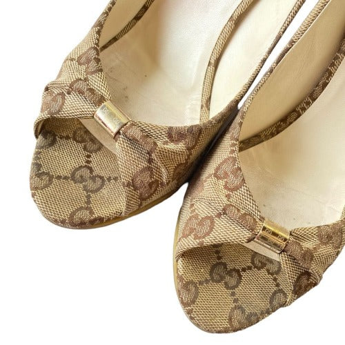 GUCCI Beige/Ebony GG Canvas Cyprus Cork Wedges, Size 37.5