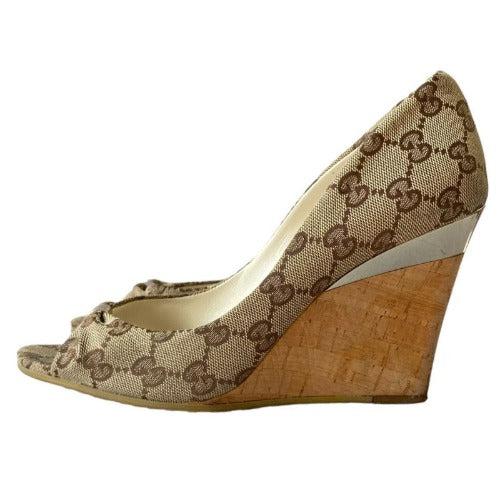 GUCCI Beige/Ebony GG Canvas Cyprus Cork Wedges, Size 37.5