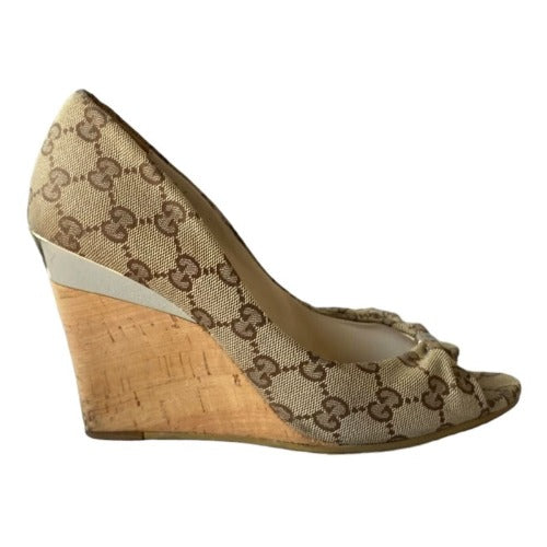 GUCCI Beige/Ebony GG Canvas Cyprus Cork Wedges, Size 37.5