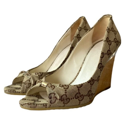 GUCCI Beige/Ebony GG Canvas Cyprus Cork Wedges, Size 37.5