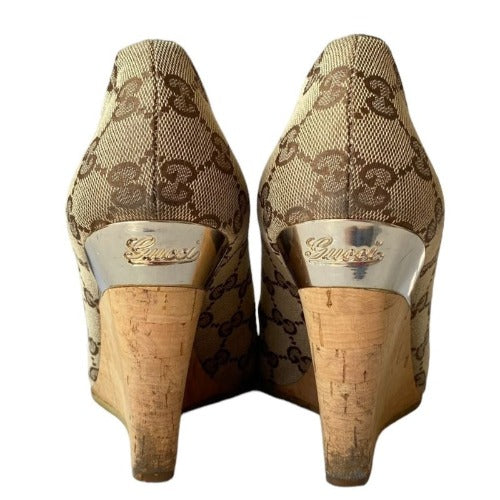 GUCCI Beige/Ebony GG Canvas Cyprus Cork Wedges, Size 37.5