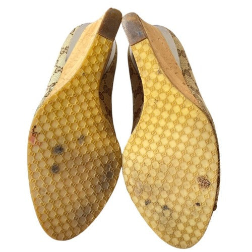 GUCCI Beige/Ebony GG Canvas Cyprus Cork Wedges, Size 37.5