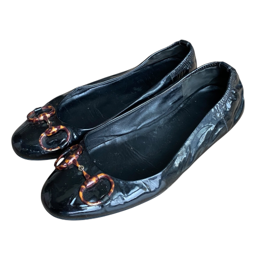 GUCCI Black Patent Leather Horsebit Ballerina Flats, Size 38