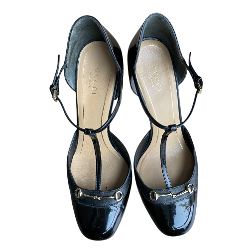 GUCCI Black Patent Leather Horsebit Leather Trim Mary Jane Pumps, Size 37